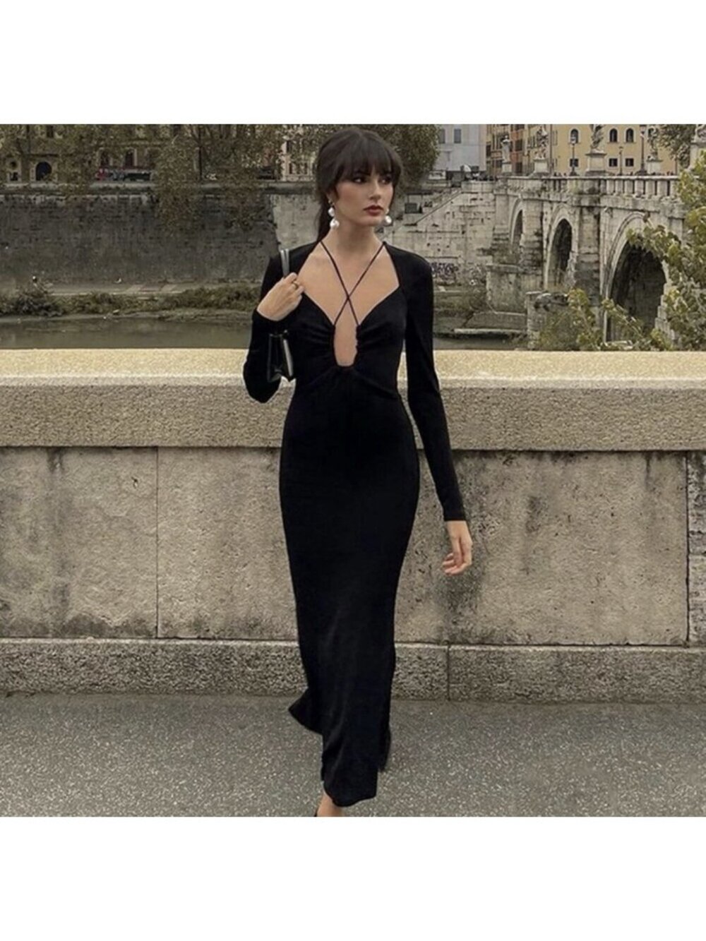 JASON WU Womens M Black Evening Maxi Dress Low Cut Criss-Cross Metallic Slinky